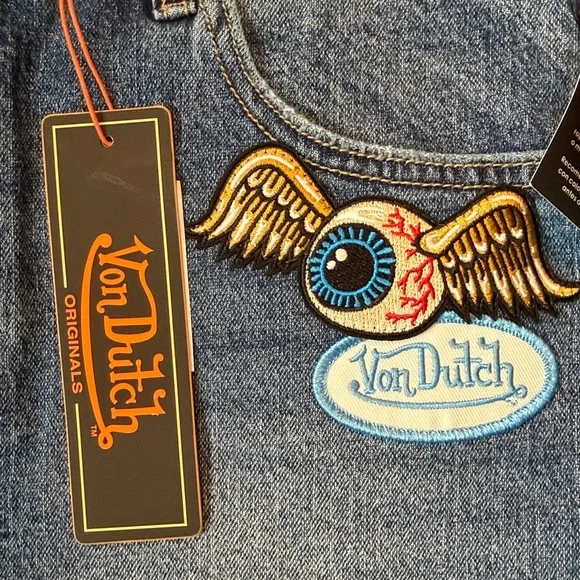 Von Dutch Y2K Low Rise Denim Micro Mini Skirt Eyeball Patch Size 30 NWT - Picture 3 of 16